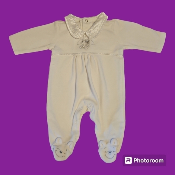 VTG DISNEY White Satin Silver Embroidered Winnie the Pooh Long Sleeve Footie - Picture 1 of 7